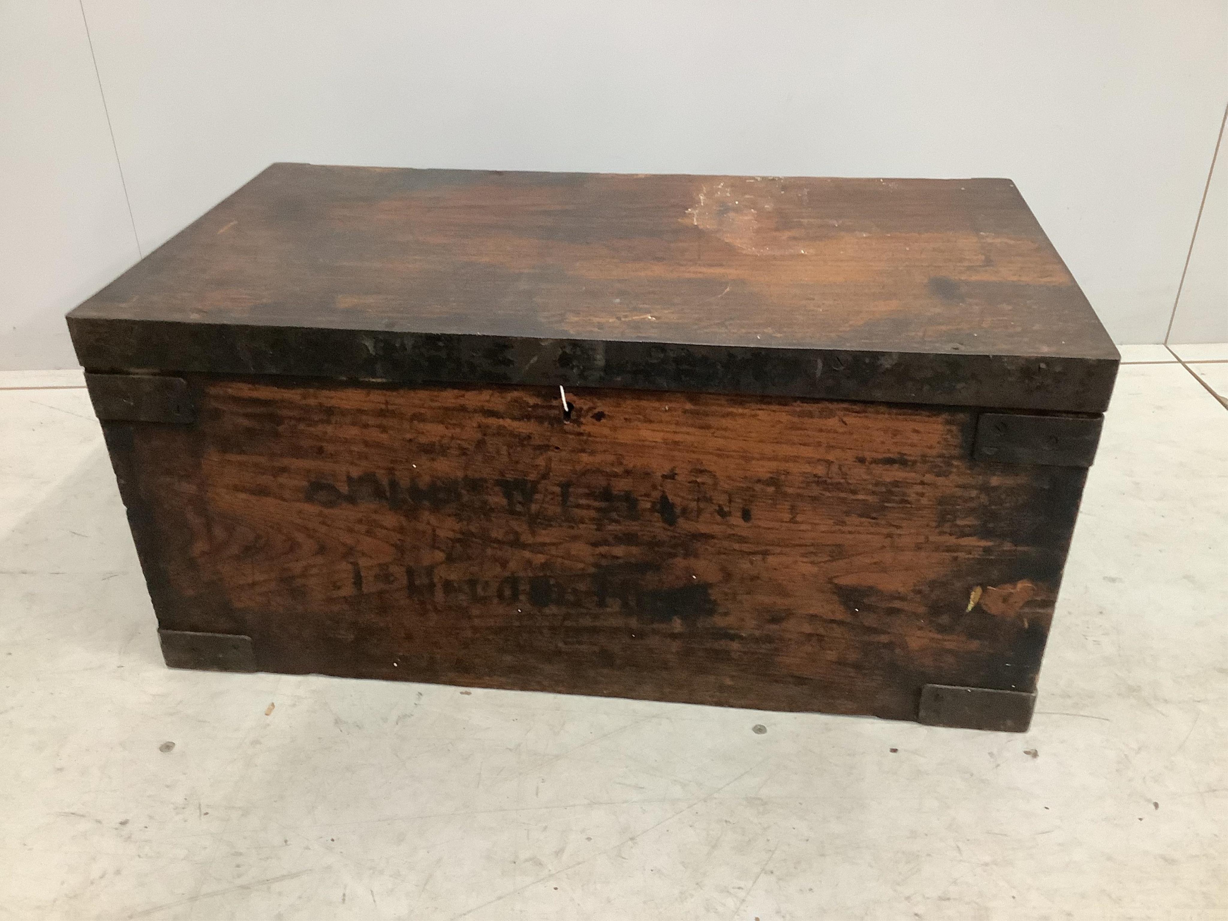 A 19th century steel bound teak trunk, width 67cm, depth 36cm, height 30cm. Condition - poor to fair